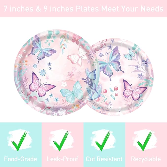 96 Pcs Butterfly Birthday Party Plates Napkins Forks Decorations Tableware Set Supplies Disposable Paper Flower and Butterfly Favors, Serves 24 Guests