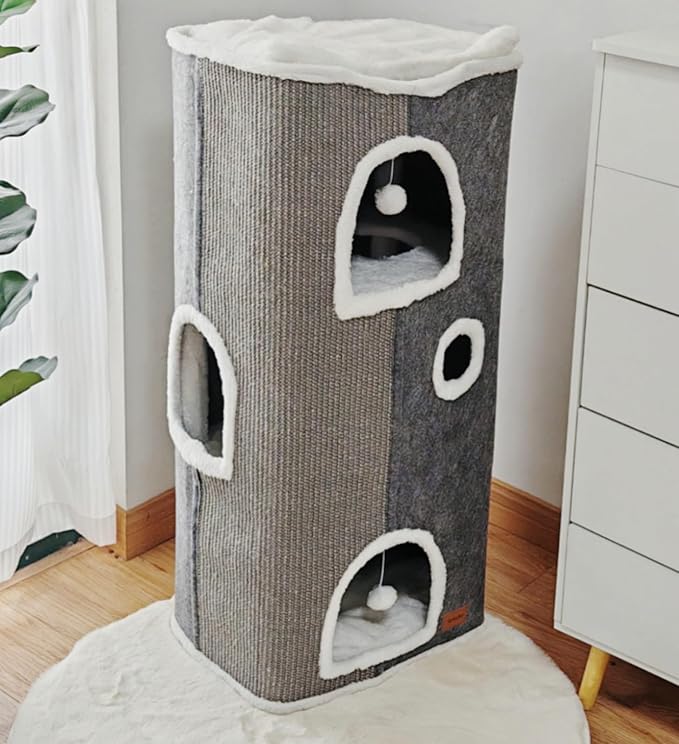 4-Level Cat House for Indoor Cats, Large Adult Cat Cave Bed Cats Cube House with Scratch Pad Cat Towers, Cute Kitten Condo Hideaway Hut with Soft Pillow Mat for Multi Pets Under 55 lbs