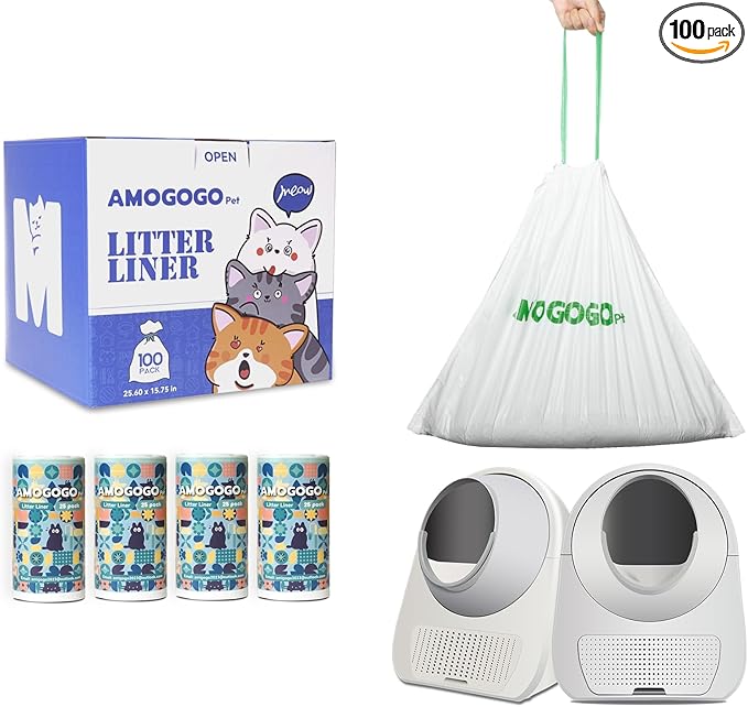 100 Pack Litter Box Bags, Compatible with Self Cleaning Litter Box Scooper Young and Luxury Pro, Automatic Litter Box Liners, Replacement Trash Bags with Drawstring, 25.59" x 15.75"