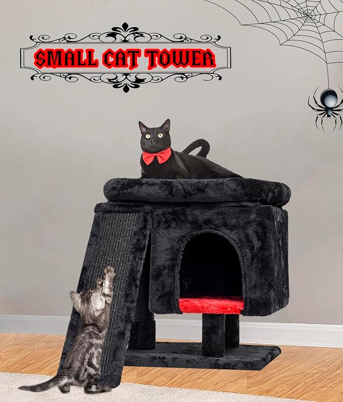 SYANDLVY Gothic Cat Tree with Coffin Bed for Indoor Cats, Cat Tower with Scratching Post, Modern Activity House for Large Cats, Condo with Board, Kittens Cave
