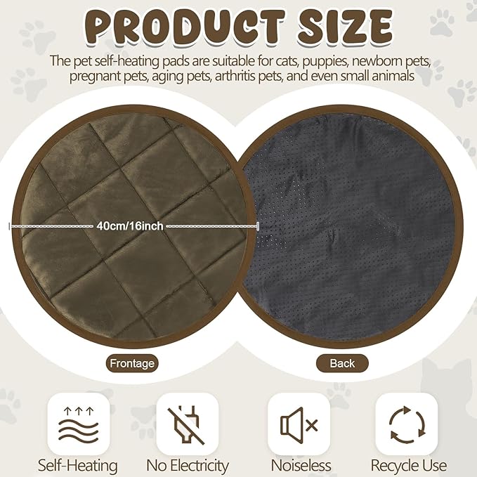 2 Pcs Cat Heating Pad Round 16 Inch Self Heating Cat Mat Washable Heated Cat Bed Anti Slip Cat Warming Pad Pet Bed Mat for Kennel Dog Crate Indoor Outdoor(Coffee,16 Inch)