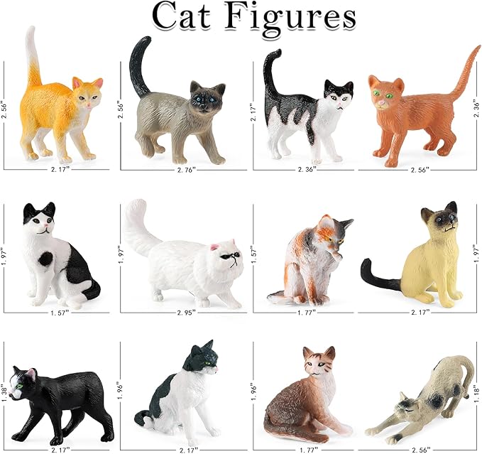 12PCS Realistic Cat Figurines, Plastic Mini Cat Figures Toys, Kitten Miniature Toys Cake Topper Easter Eggs Christmas Birthday Gift for Kids Boys Girls