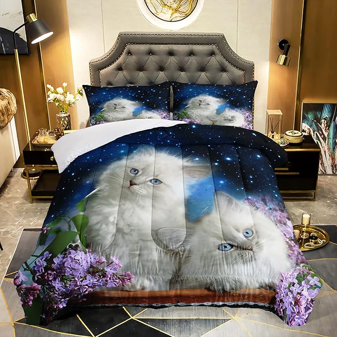 AILONEN Cat Comforter Set for Girls Kids Teens, 3D Printed Cat Bedding Set Twin Size,for Boys Animal Cat Printed Quilted Duvet,Cute Cat Quilt,Easy Care，1 Comforter 2 Pillowcases 3 Piece