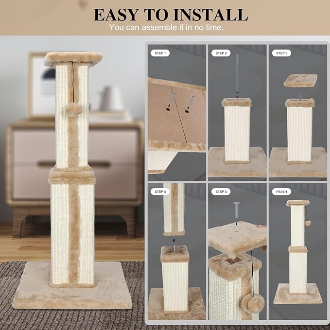 Topmart 31" Tall Cat Scratching Post for Indoor Cats Kittens, Sisal Scratching Post with Hanging Ball, Beige