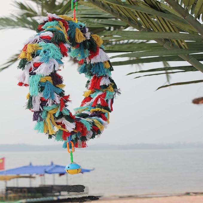 2Pcs Bird Swing，Bird Swing Toy，Bird Colorful Cotton Rope Hanging Ring Parrot Preening Grooming Chew Climb Biting Toy ，Large Bird Toys