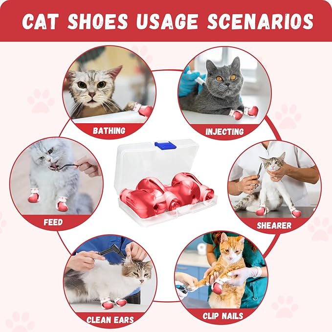 4 Pcs Cat Boots for Cats Only Cat Claw Covers Silicon Cat Mittens to Prevent Scratching Cat Booties for Bathing Nail Clipping Barbering Treatment (Red&White)