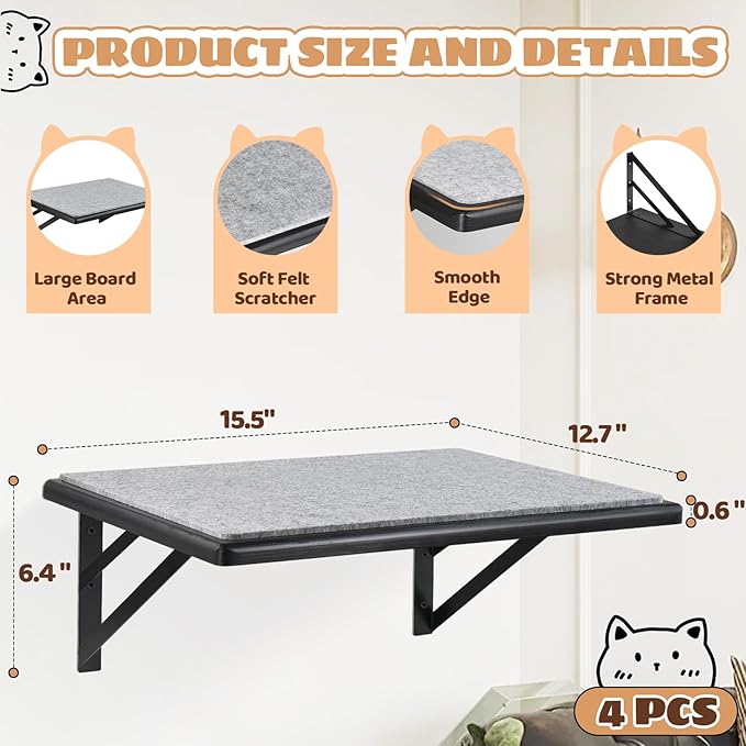 Cat Wall Shelves Set of 4, Wood Cat Shelves for Wall, Cat Wall Bed Hammock with Scratching Pad, Cat Climbing Shelf for Sleeping Playing, Cat Window Perch for Large Cats, Black Cat Furniture for Indoor