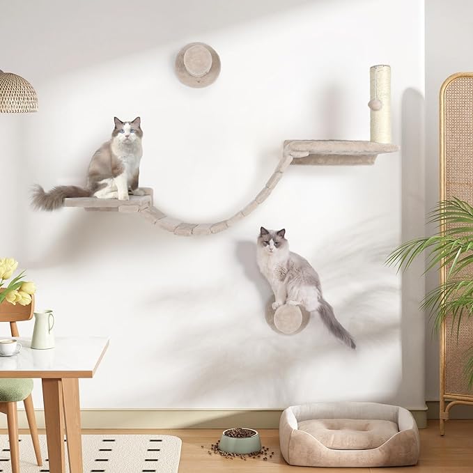 Cat Wall Shelves - 7 Pcs Luxury Wall-Mounted Cat Furniture Set, Including 2 Cat Wall Shelves, 2 Solid Wood Steps, 1 Cat Bridge Ladder, 1 Sisal Cat Scratcher Post, 1 Hanging Ball for Large Cats