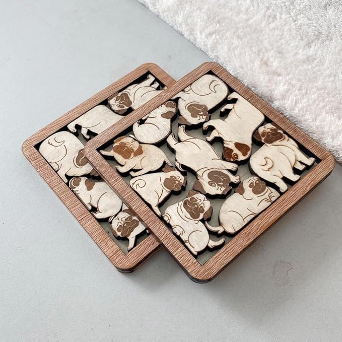 02 Pug Dog Coaster - Pug Dog Puzzle Wooden Coaster Set - Interlocking Jigsaw Drink Mats with Laser-Cut Design for Pug Lovers (Pug Dog)