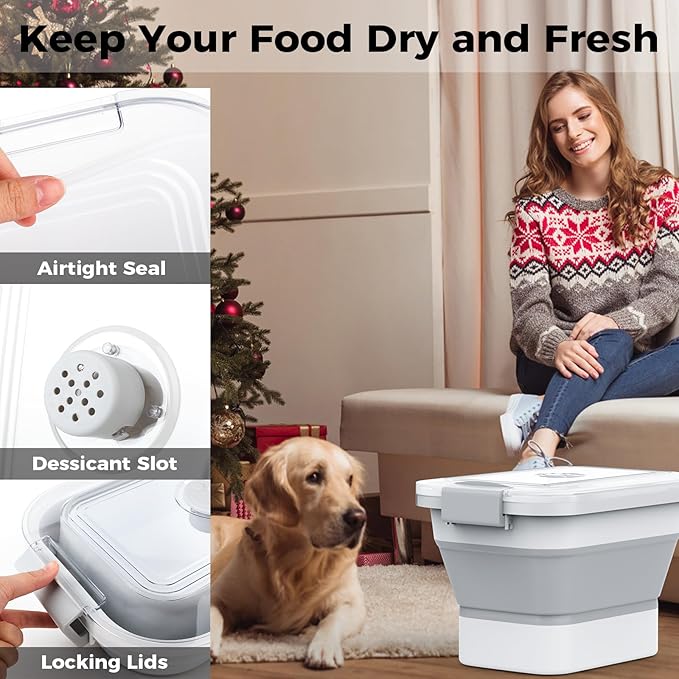 10-13 Lbs Dog Food Storage Container,Collapsible Dog Food Container with Transparent Airtight Lid,Pet Food Scoop and Dog Bowl,Multifunctional Food Storage Container for Pet Food,Rice,Flour
