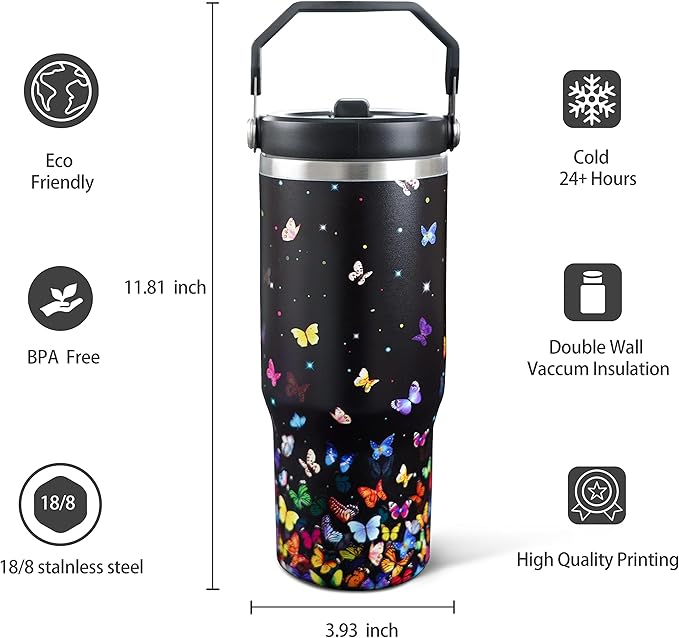 30oz Colorful Butterfly Tumbler with Handle and Straw, Stainless Steel Vacuum Insulated Coffee Tumbler, Travel Mug Water Bottle, Butterfly Stuff Decor, Butterfly Gifts for Women