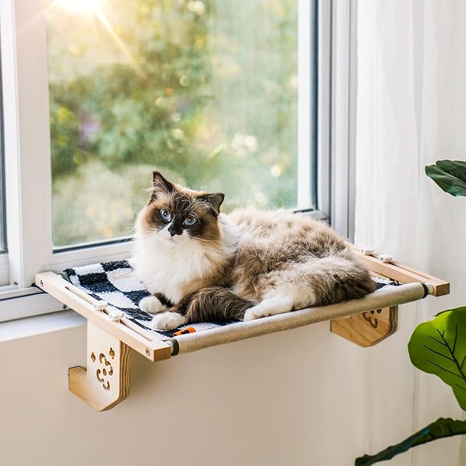 MEWOOFUN Sturdy Cat Window Perch Hammock Bed with Wood & Metal Frame for Cats Easy to Assemble for Windowsill, Bedside, Drawer and Cabinet More (Chessboard, M-22"x 14.5"x 6.7")
