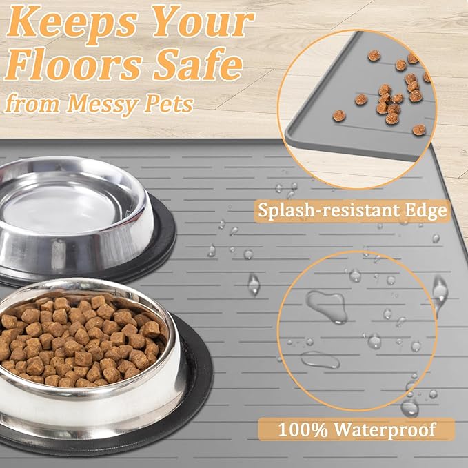 32"x24" Large Silicone Pet Feeding Mat, Waterproof Non-Slip Dog and Cat Bowl Mat for Food & Water, Durable Floor Protector to Prevent Spills, Easy to Clean, Dark Gray