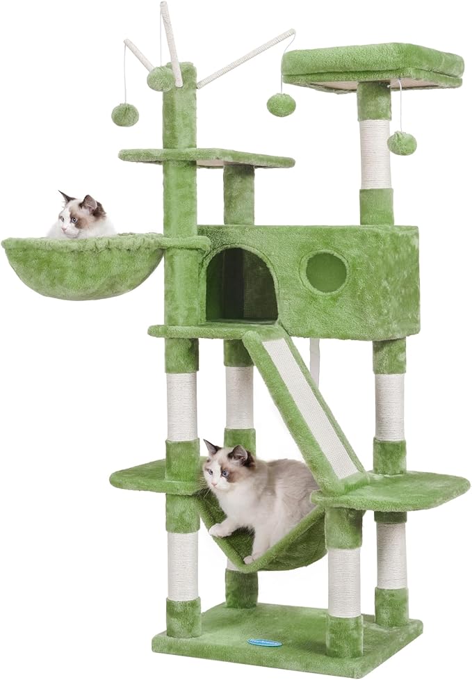 Hey-brother Cat Tree, 61 inch Cat Tower for Indoor Cats, Cat House with Padded Platform Bed, Toy Balls, Large Cozy Condo, Hammocks and Sisal Scratching Posts, Green MPJ019GR