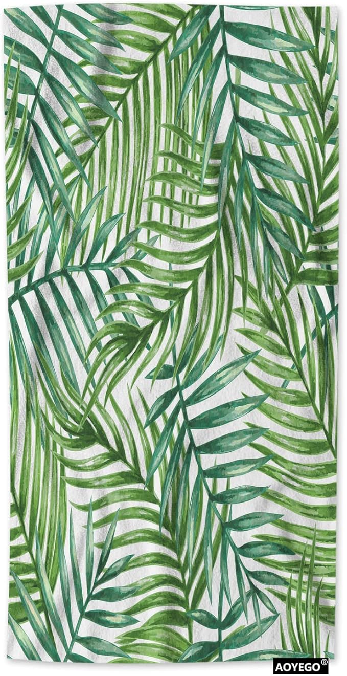 AOYEGO Green Palm Leaf Towels Watercolor Palm Leaves Tree in Tropical Rain Jungle Bathroom Kitchen Hand Towels Beach Bath Face Towels for Yoga Swim Golf 15x30 Inch