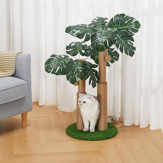 29.7inch Cat Scratching Post,Cat Scratcher Cat Tree with 2 Sisal Scratching Poles & 2 Interactive Dangling Balls,Cats Scratching Posts for Indoor Kitten & Adult Cats (2 Posts Monstera Tree)