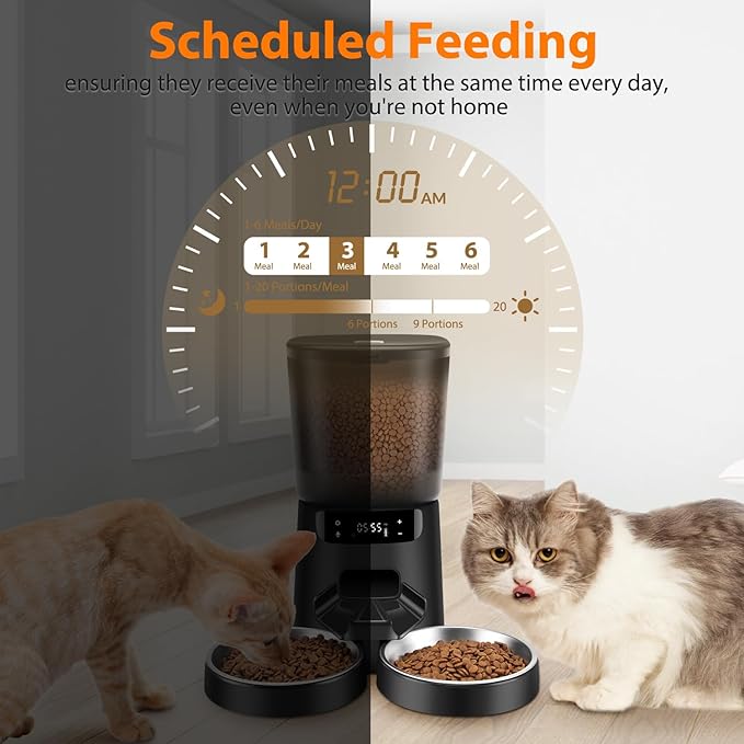 Automatic Cat Feeders for Two Cats, 5L/20 Cups Double Automatic Cat Food Dispenser with 2 Stainless Bowls,10s Meal Call and Timer Setting 20 Portions 6 Meals Per Day,Pet Feeder for Cat and Dog Black