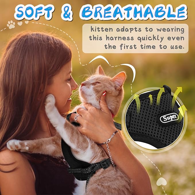 Supet Cat Harness and Leash Set for Small to Large Cats Adjustable Cat Vest Harness with Reflective Trim Universal Cat Leash and Harness for Cats/Puppies