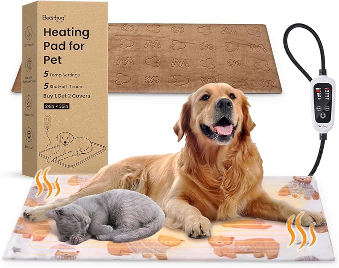 Bearhug Large Dog Heating Pad, Pet Heating Pad 35"×24"[Two Replaceable Cover] Adjustable Temperature Heated Cat Bed with Steel-Wrapped Cord, Waterproof and Chew-Resistant for Whelping Box for Dogs