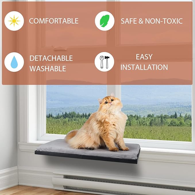 Cat Window Hammock, Metal Cat Hammock Window Seat with Soft Cushion, Window Sill Cat Perch, Kitty Sill for Two Big Cats, 360° Sunny Seat Space Saving Cat Beds Window Perch Shelf for Indoor Cats(Grey)