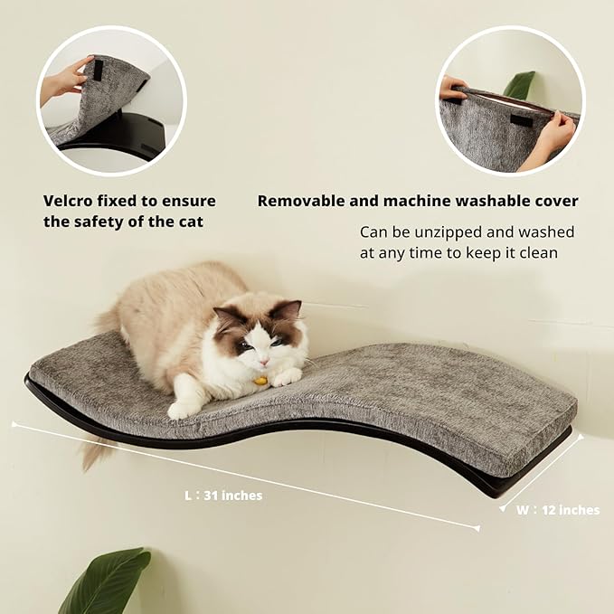 Cat Shelf with Comfortable Cat Cushion - Wave Modern Cat Bed - Minimalistic Floating Cat Wall Perch - Wooden Wall Mounted Cat Furniture for Sleeping, Playing, Climbing, and Lounging, Walnut