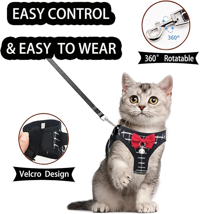Cat Leash and Harness Set,Breathable Dog Harness,Pet Harness,Adjustable Mesh cat Harness and Leash Escape Proof for Puppy Cat Rabbit (Black, L)