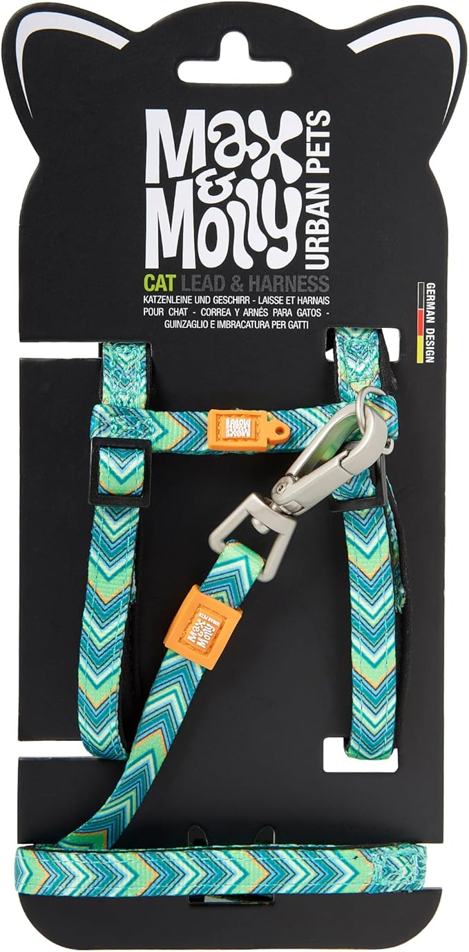Max and Molly Adjustable Cat Harness and Leash Set - Escape-Proof Cat Harness with Leash for Outdoor Walking and Exploring - Soft Padded Material (Vintage Chevron)