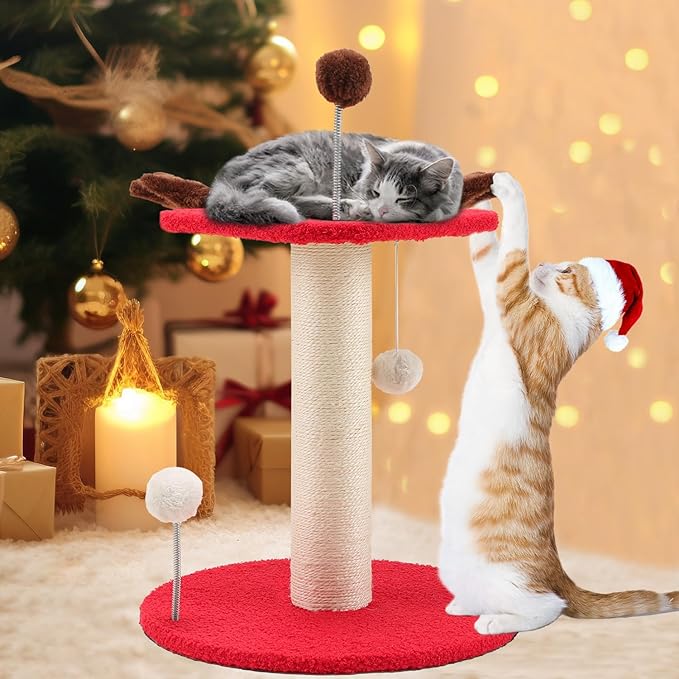 EMUST Christmas Cat Scratching Post for Indoor Cats, Natural Sisal Christmas Tree Scratching Post with Plush Hang Spring Ball Toys, Cute Small Kitten Scratching Post with Bed, Reindeer