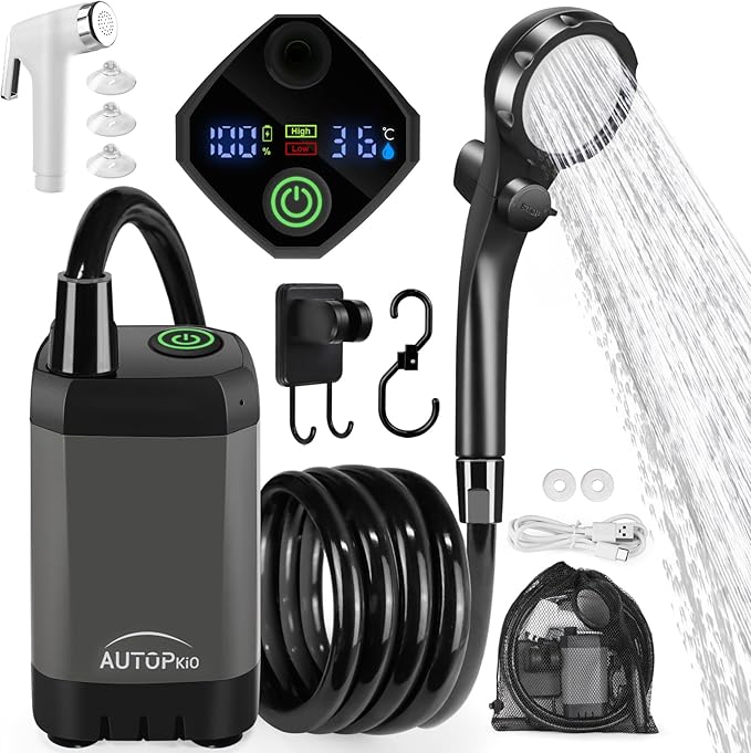 AUTOPkio Portable Camping Shower, 6000mAh Rechargeable Camp Shower Pump with USB Cable & Electric Outdoor Shower Head Sprayer for Camping, Hiking, Pet Bathing, Washing