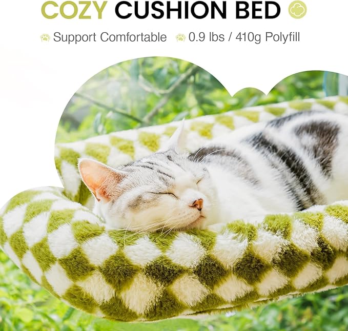 Mewoo Cat Window Perch, Cordless Cat Window Hammock with 4 Strong Suction Cups, Embeded Cat Hammock for Window, Steel Frame and Removable Soft Cover (Green, Medium)