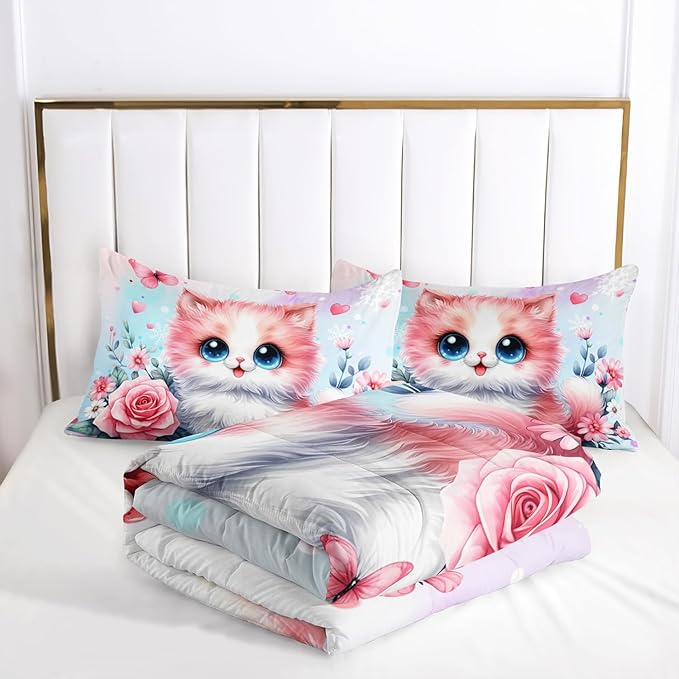AILONEN Cute Kawaii Cat Twin Bedding Set for Girls,Watercolor Floral Kitten Kids Comforter Set,Pink Tie Dye Pet Cat Butterfly Comforter with 2 Pillowcases, 3 Piece