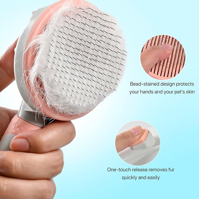 3PCS Grooming Kit: Self-Cleaning Slicker Brush, Nail Clipper & File for Indoor Cats and Dogs (Pink)