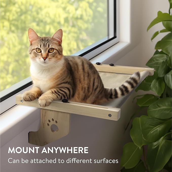 Navaris Cat Window Perch for Large Cats - Heavy Duty Wooden Cat Window Hammock, Cat Window Seat for Indoor Cats, Cat Window Shelf, Cat Bed for Window Sill, Bedside, Drawer, and Other Furnitures