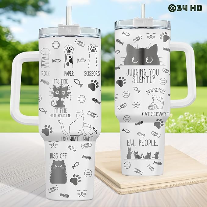 34HD Funny Black Cat Tumbler with Handle and Straw, 40oz Double Wall Vacuum Insulated Kitty Mug, Pet Gifts for Women Men, Cat Lover Gifts for Birthday Mothers Day Halloween Christmas
