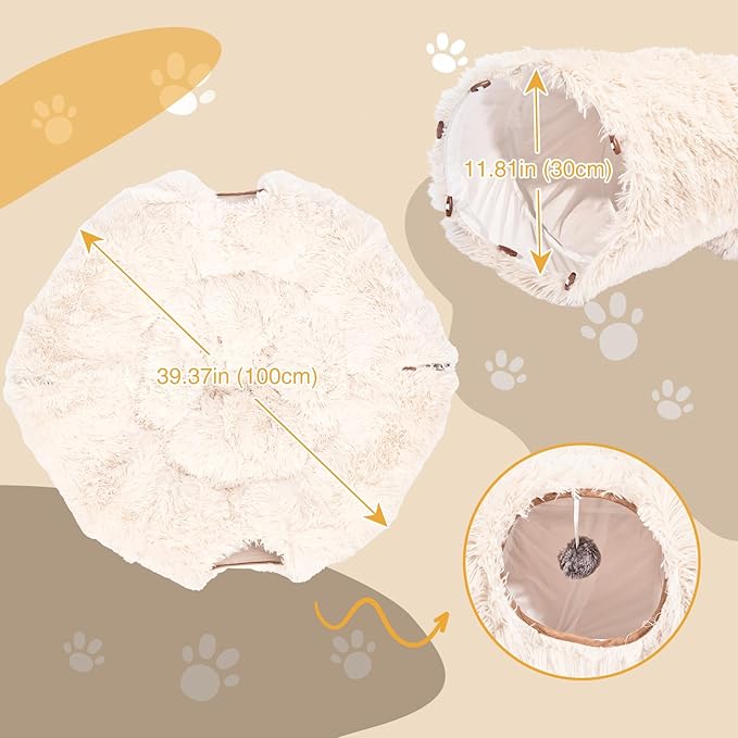 Avont Cat Tunnel Bed with Central Washable Cushion - Large Cat Tunnel Tube Toys 3 Shape to Play for Indoor Cats Kittens Puppies Ferret, Round Plush Fluffy Cat Bed with Tunnels -Beige