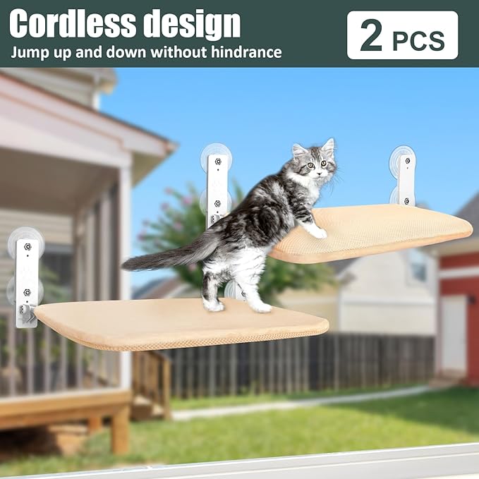 Sunhoo 2PCS Cat Window Hammock Perch Cordless Window Sill Seat Bed Foldable Kitty Lounger Indoor Cats Shelf Stable Upgraded Suction Cup Easy Assembly 20.5 * 11.8in Hold Up to 55lbs (Beige, M)
