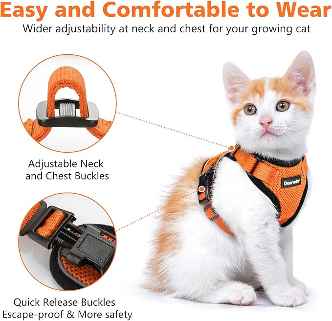 Dooradar Cat Harness and Leash Set, Escape Proof Safe Adjustable Kitten Vest Harnesses for Walking, Easy Control Soft Breathable Mesh Jacket with Reflective Strips for Cats, Orange, XS
