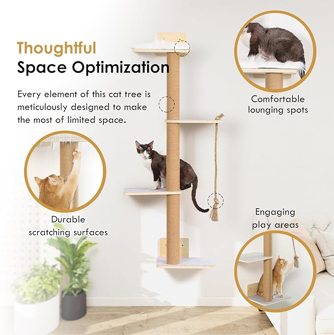 Wall Mounted Cat Tree,50 Inch Tall Wall Cat Tree,4 Tier Cat Climbing Wall Shelves with Scratcher Post for Indoor Cats Activity,Cat Wall Furniture with Soft Felt Pads & Cushion
