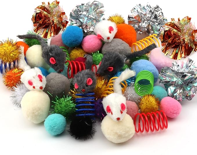 60 Packs Cat Toys Balls Set Spiral Springs Assorted, Kitten Ball Toys Assortments, Sparkle Ball, Cat Mouse Toy, Cat Crinkle Balls, Cat Springs, Furry Cat Toys Balls Soft Pom Pom Balls