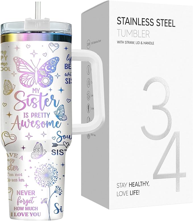 34HD 40oz Sister Tumbler with Handle and Straw, Vacuum Insulated Sis Coffee Mug, Soul Bestie Cup with Lid, Anniversary Birthday Gifts for Soul Sisters Women