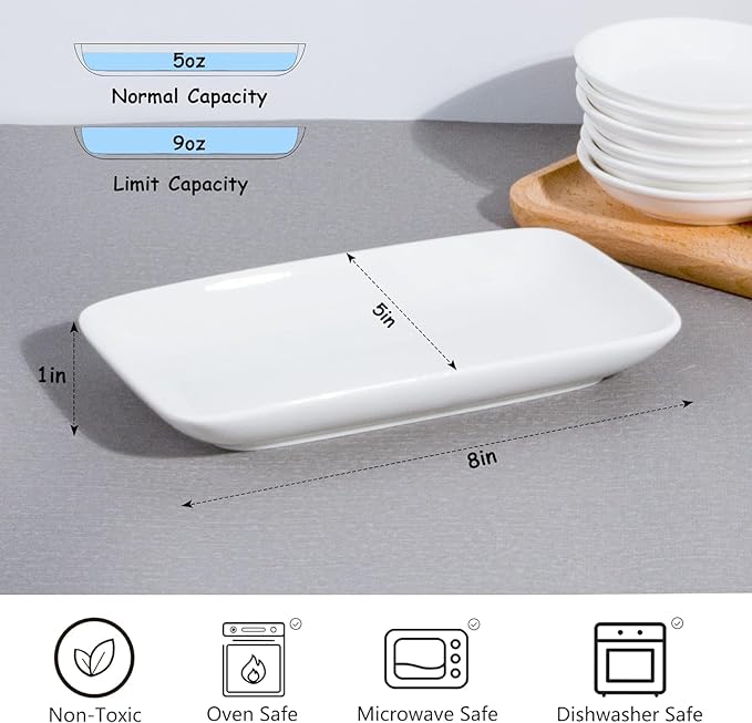 8 Inch Rectangular Appetizer Plates, Ceramic Dessert Plates, Salad Plates Set, Small White Serving Plates for Salad, Appetizer, Snack, Sushi, Microwave, Oven, Dishwasher Safe, Set of 8