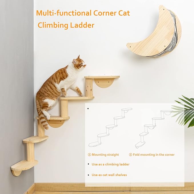 Cat Shelf for Wall Mount Hammock with 5-Levels Climbing Ladder Moon Cat Shelves and Perches for Activity Indoor Cats Wall Furniture(5-Levels Steps)