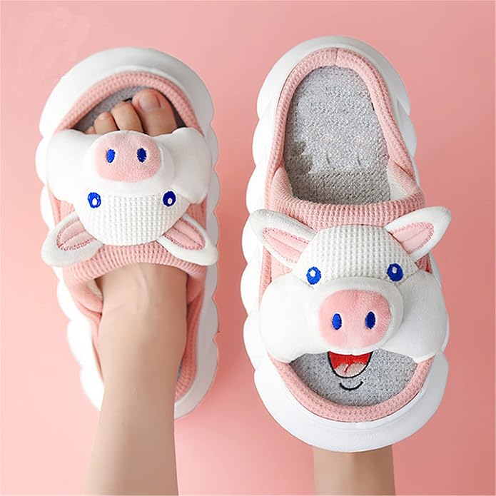 AZCHEN Women's Animal Cartoon Pig Slippers - Cute and Comfortable Linen Plush Slippers for Home