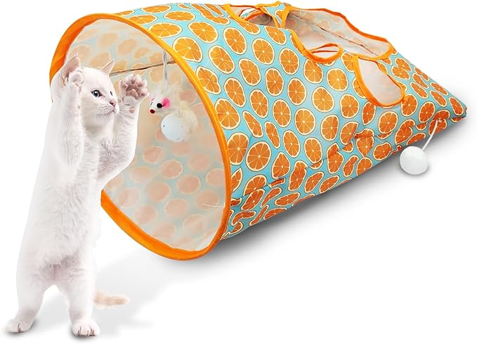 Andiker Cat Tunnel Bags for Indoor Cats, 13x17x12In Foldable Cat Crinkle Bag with 3 White Plush Balls and 1 Mouse 5 Holes for Kitten to Hide and Catch 3 Layers Cat Toy (Orange)