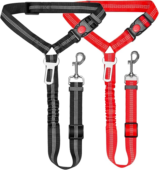 2 Packs Removable Dog Seat Belt Harness for Car, 3 in 1 Pet Dog Car Seatbelt Leash, Retractable Restraint Secures to Vehicle Headrest & Adjustable Reflective Dog Seatbelt Tether
