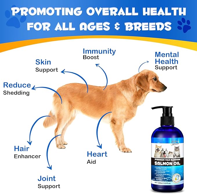 Alaskan Salmon Oil for Dogs, Omega 3 Fish Oil with Natural EPA+DHA Fatty Acids for Skin, Joints, Coat Health, Dog Skin and Coat Fish Oil Liquid Supplement, All Ages All Breeds 8.8fl.oz.