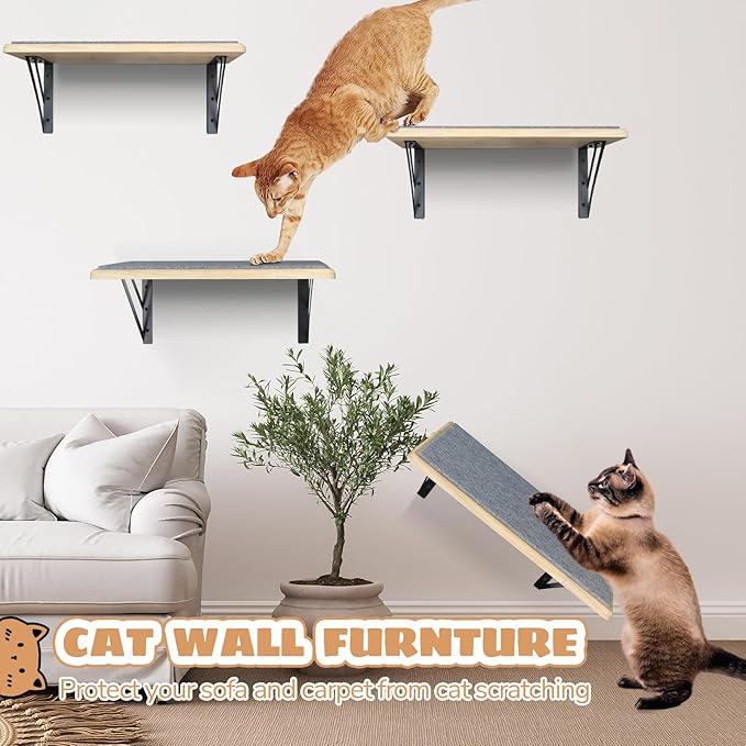 Cat Wall Shelves Set of 2, Wood Cat Shelves for Wall, Cat Wall Bed Hammock with Scratching Pad, Cat Climbing Shelf for Sleeping Playing, Cat Window Perch for Big Cats, Burlywood Cat Furniture Indoor