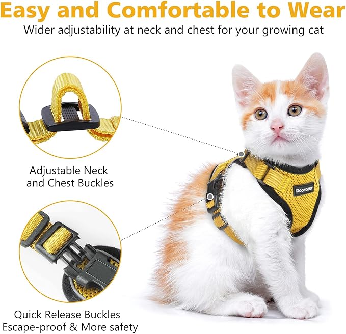 Dooradar Cat Harness and Leash Set, Escape Proof Safe Adjustable Kitten Vest Harnesses for Walking, Easy Control Soft Breathable Mesh Jacket with Reflective Strips for Cats, Yellow, S