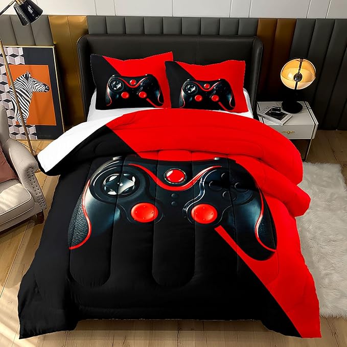 AILONEN Gamer Comforter Sets for Teen Boys, Gaming Bedding Sets Full Set,Video Game Bedspread,Game Duvet,Gamepad Bed Set,Controller Quilt Set,3 Piece 1 Comforter and 2 Pillowcases