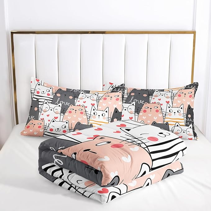 AILONEN Funny Cute Kitten Comforter Set - Twin Size, 3-Piece Hearts Cat Bedding with 2 Pillowcases, All Season